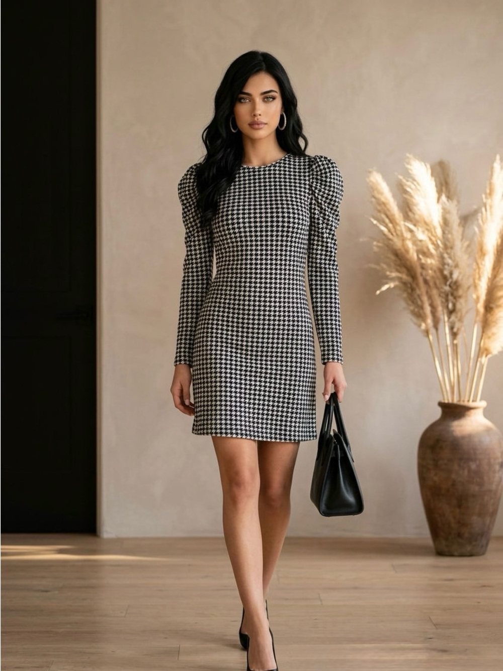 SHEIN Black & White Houndstooth Puff-Sleeve Mini Dress
